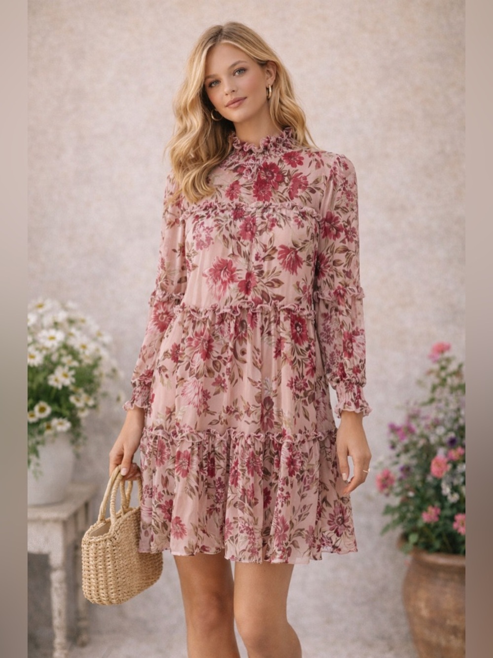 En Focus Studio Pink Floral Ruffle Dress Size 6 Tiered Long Sleeve Romantic Boho